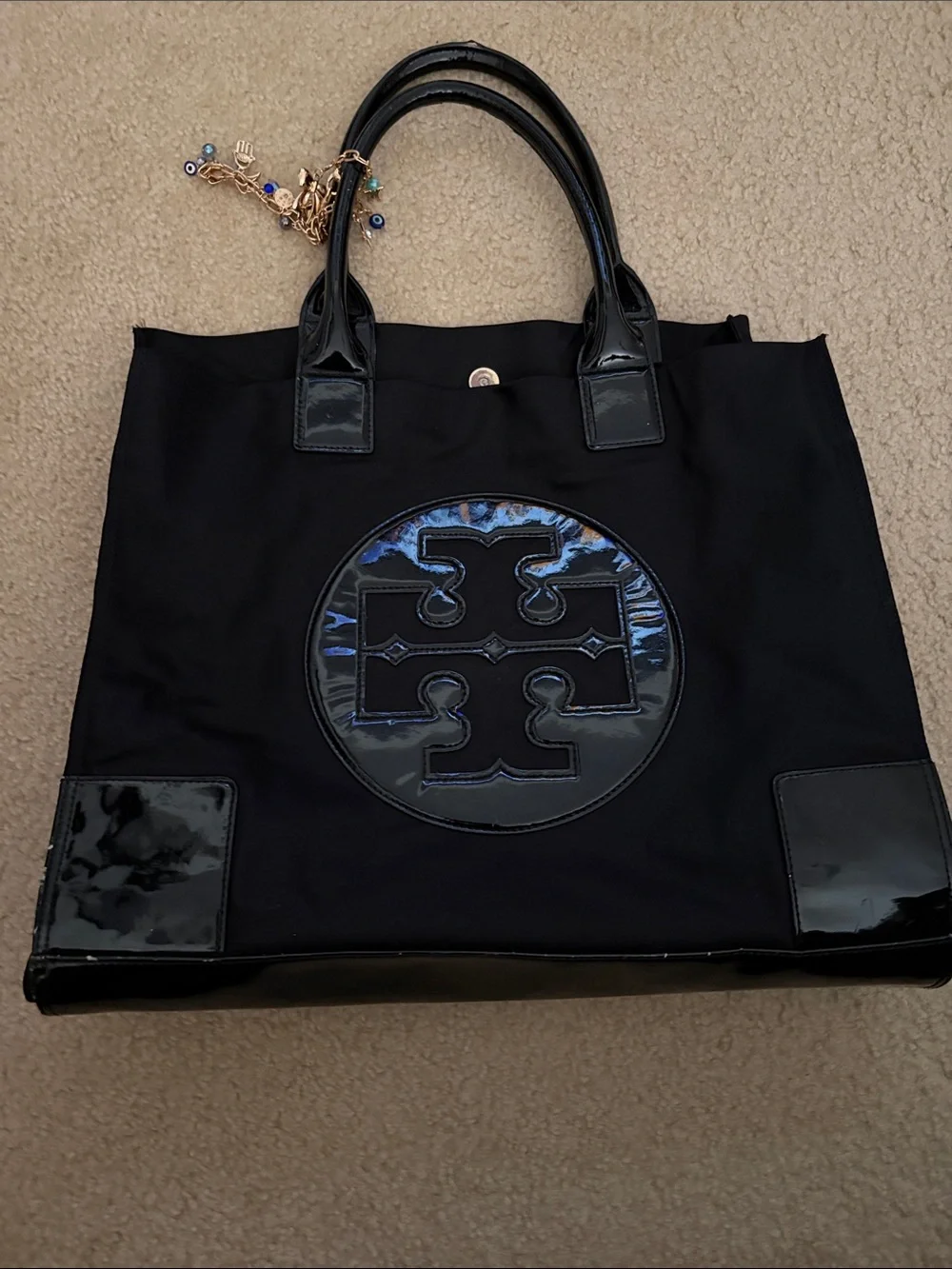 Tory Burch Black Nylon Tote with Patent Logo Trim (large)